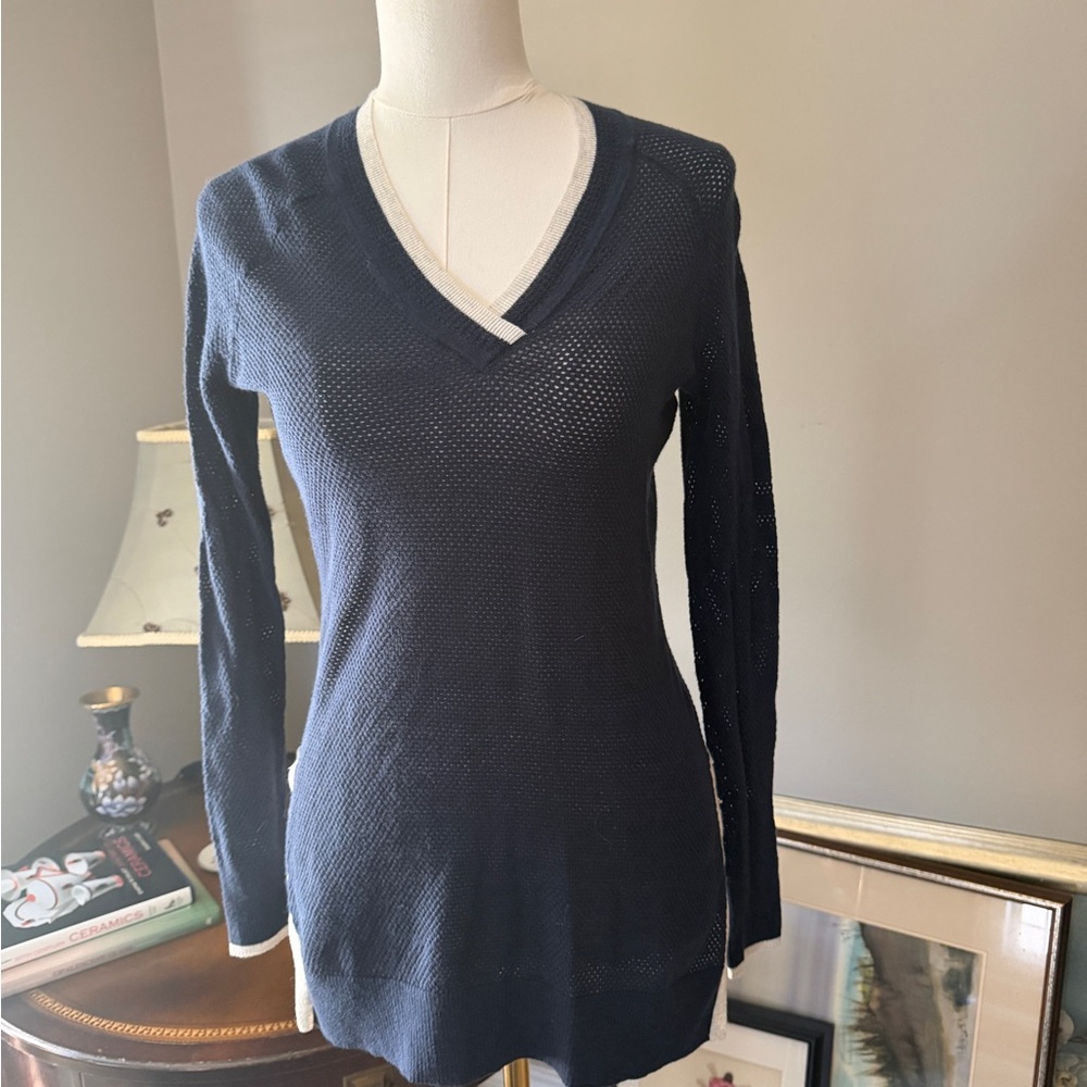 Smartwool Navy Sweater with Cream Trim and Multicolor Stripe Detail